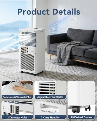 9000 BTU Portable Air Conditioner with WiFi Control, 4-in-1 Cooling, Dehumidifier, Fan & Sleep Mode, Remote Control, 24-Hour Timer
