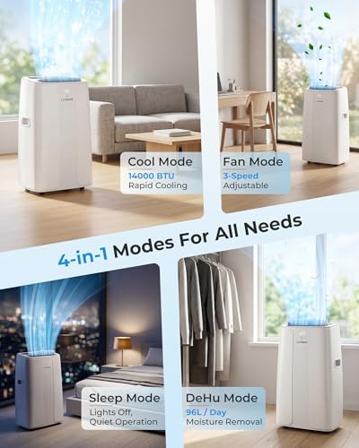 Portable Air Conditioner 14000 BTU, 4-in-1 Cooling, Dehumidifier, Fan & Sleep Mode, 24-Hour Timer, Auto-Swing, Remote Control, Exhaust Hose