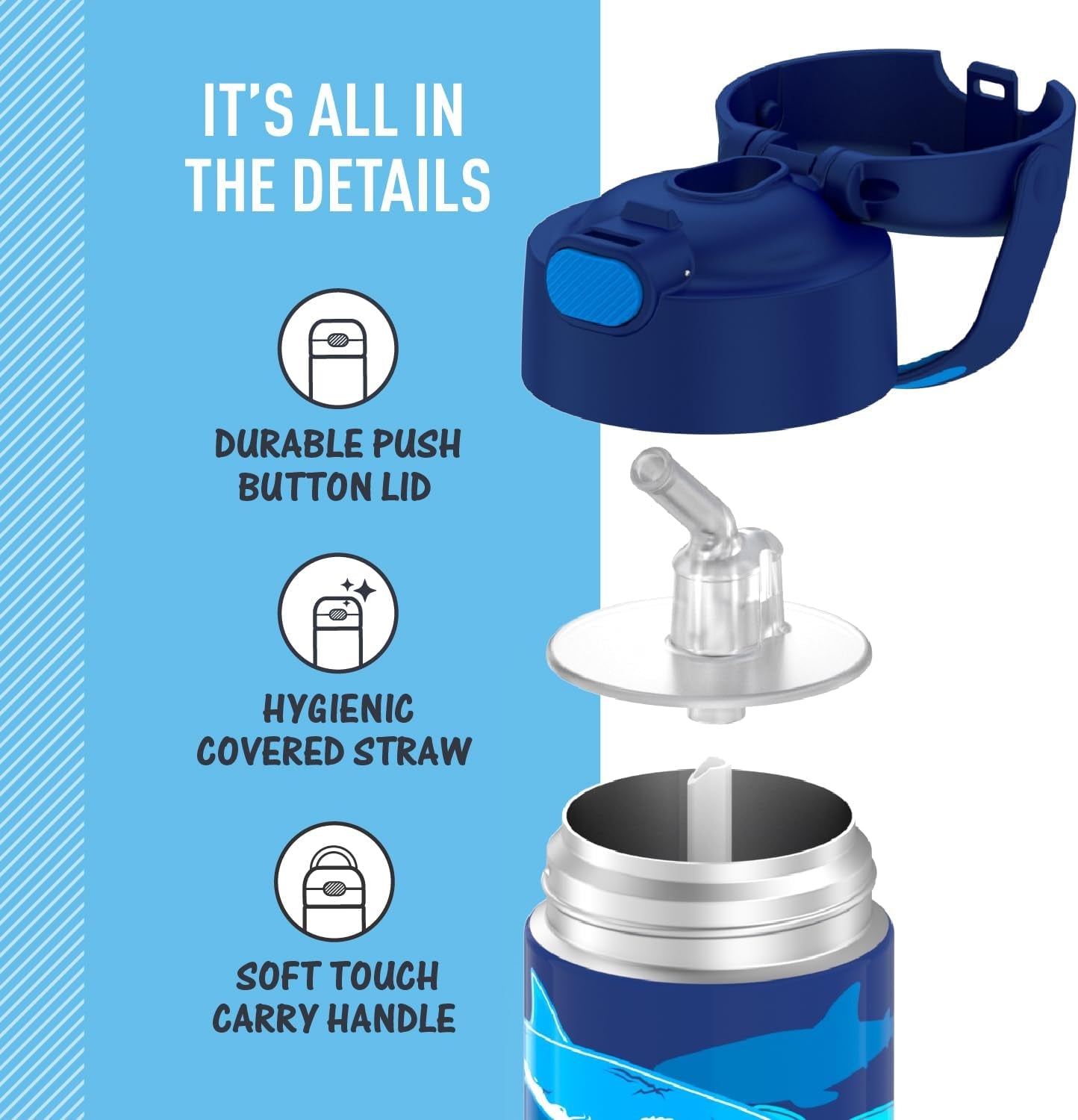 FUNTAINER Water Bottle with Straw - 12 Ounce, Sharks - Kids Stainless Steel Vacuum Insulated Water Bottle with Lid