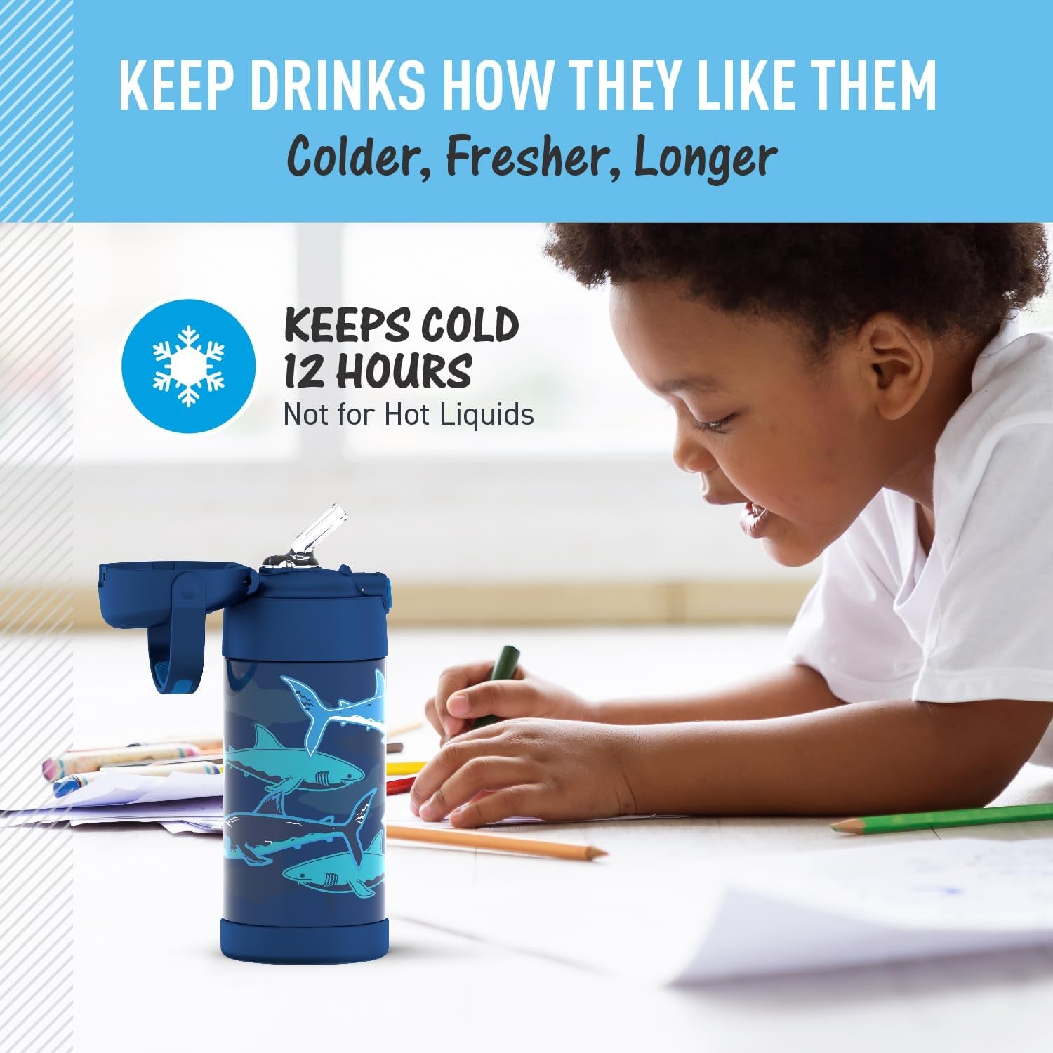 FUNTAINER Water Bottle with Straw - 12 Ounce, Sharks - Kids Stainless Steel Vacuum Insulated Water Bottle with Lid
