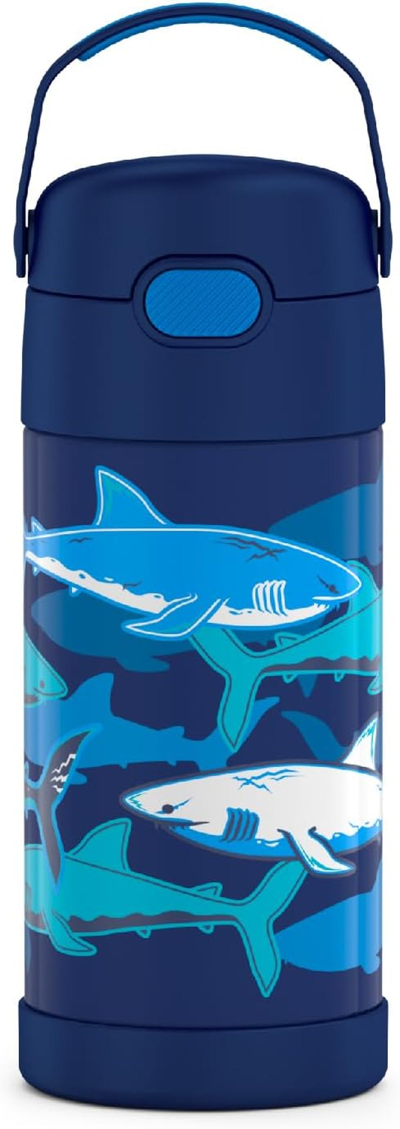 FUNTAINER Water Bottle with Straw - 12 Ounce, Sharks - Kids Stainless Steel Vacuum Insulated Water Bottle with Lid