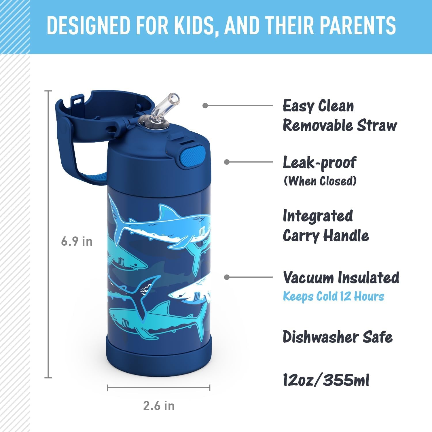 FUNTAINER Water Bottle with Straw - 12 Ounce, Sharks - Kids Stainless Steel Vacuum Insulated Water Bottle with Lid